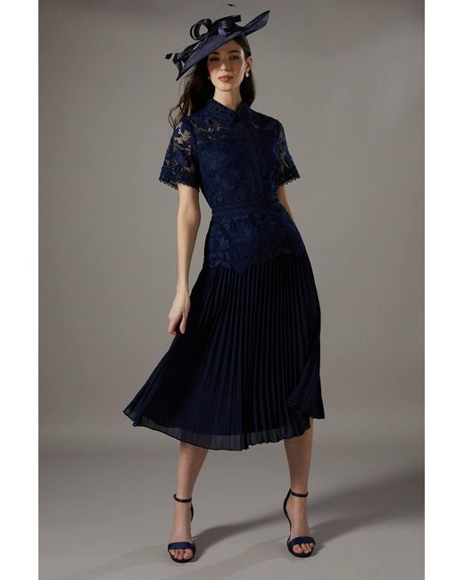 navy lace tunic dress Navy Blue Lace Button-up Midi Dress