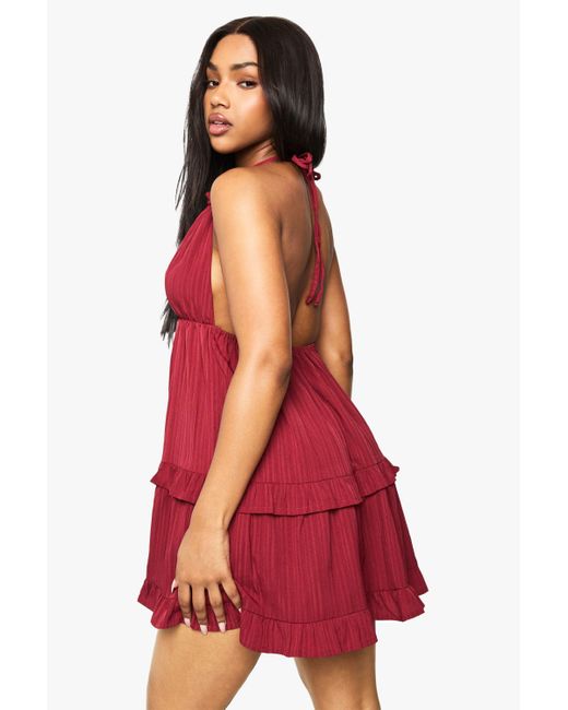 Boohoo Textured Stripe Crinkle Tiered Mini Dress