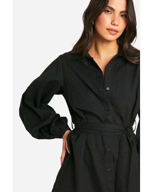Linen Wrap Shirt Dress Boohoo de color Black