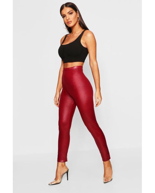 red pu leggings