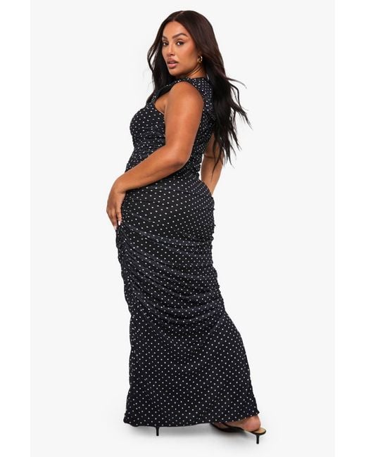 Boohoo Black Plus Mesh Polka Dot Ruched Maxi Dress