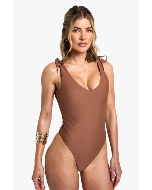 Boohoo Brown Feather Charm Backless Bathing Suit