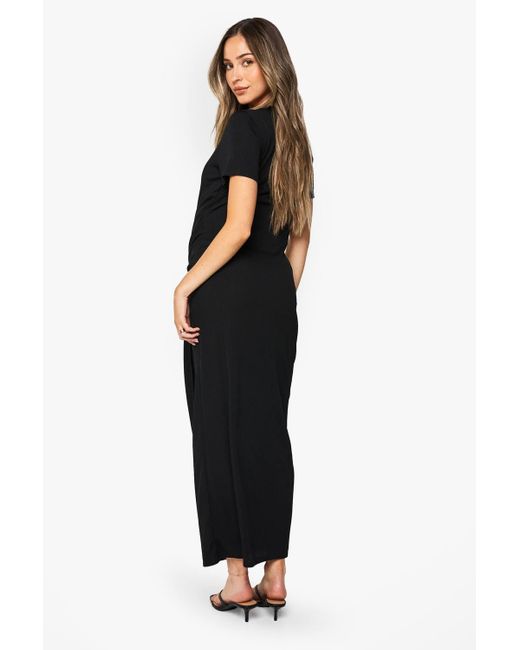 Boohoo Black Maternity Rib Short Sleeve Wrap Midaxi Dress