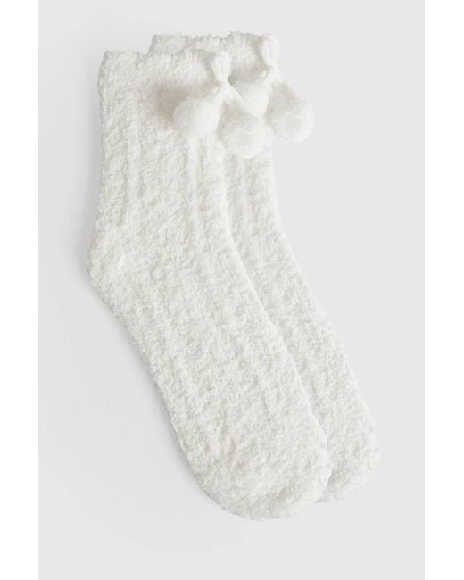 Boohoo White Pom Pom Fluffy Socks