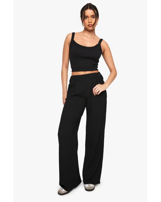 Boohoo Black Textured Pleat Detail Wide Leg Trouser