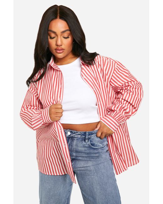 Boohoo Red Plus Oversized Pocket Detail Striped Shirt