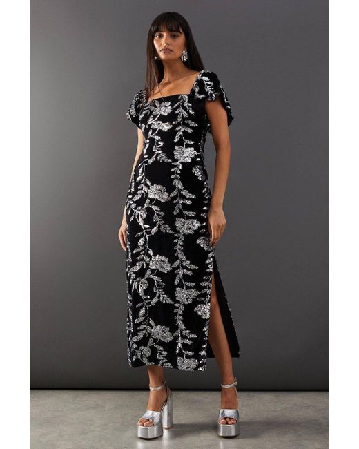 Warehouse Black Sequin Velvet Square Neck Frill Strap Midi Dress