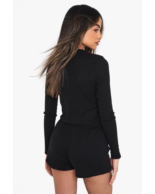 Boohoo Black Loungewear Soft Rib Long Sleeve Button Through Top & Shorts Set