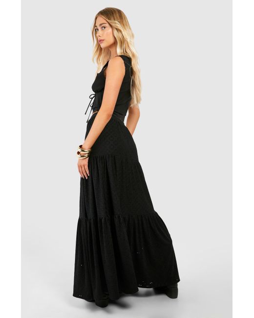Boohoo Black Broderie Tiered Maxi Skirt