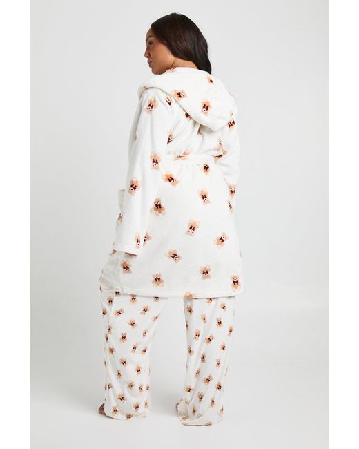 Boohoo Natural Plus Matching Family Bear Print Fleece Hooded Short Bathrobe/Robe