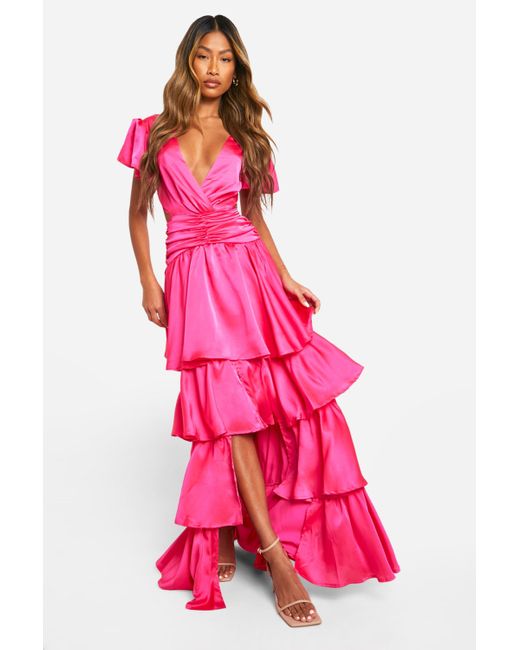 Boohoo Pink Ruffle Tiered Cut Out Maxi Dress