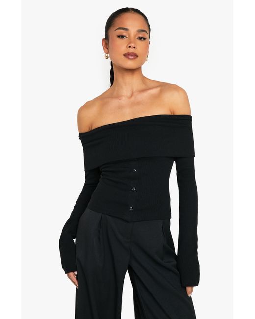 Boohoo Black Popper Detail Off The Shoulder Long Sleeve Top