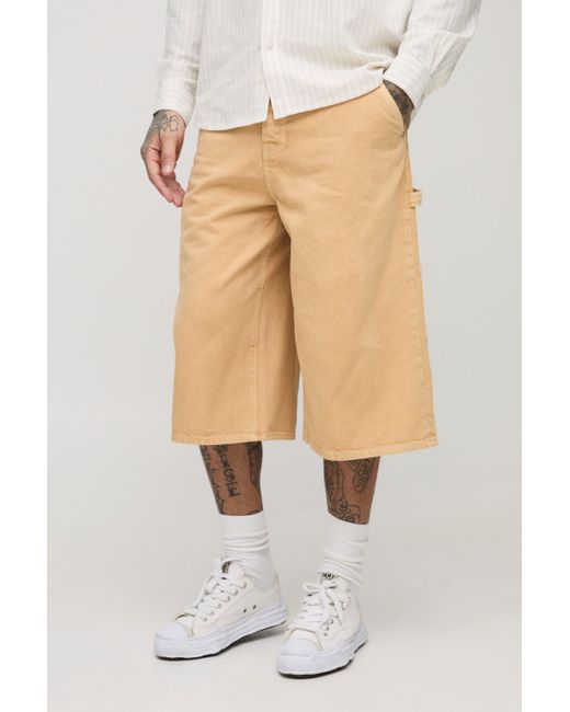 BoohooMAN White Tall Regular Fit Woven Tab Overdye Carpenter Longline Jorts for men