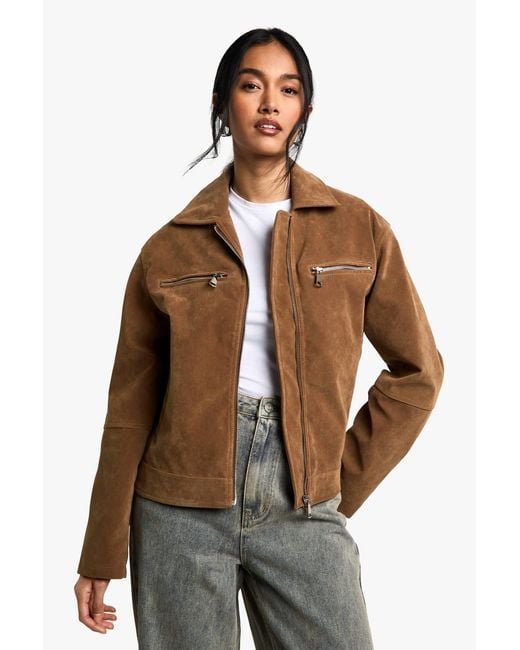 Boohoo Brown Suede Look Zip Jacket