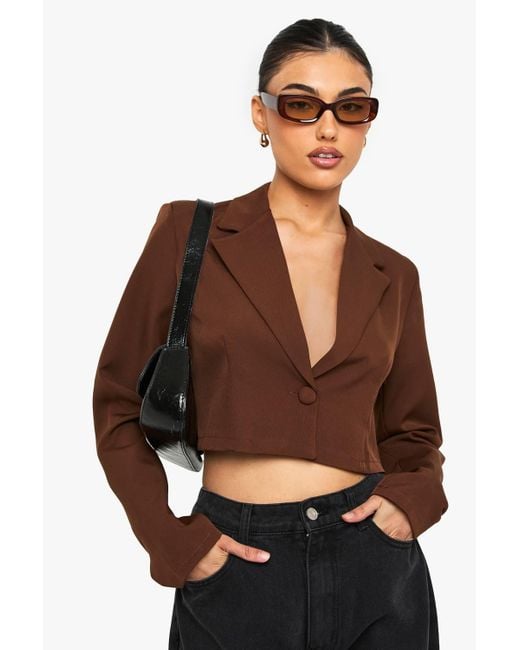 Boohoo Brown Basic Woven Relaxed Fit Crop Blazer