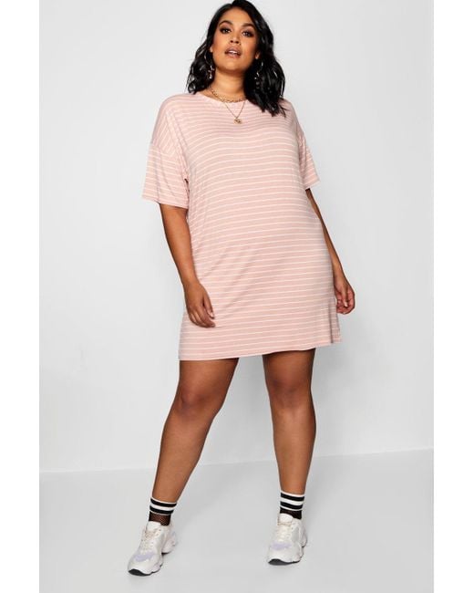 Lyst Boohoo Plus Jersey Stripe T Shirt Dress In Pink Boohoo Pink Plus Jersey Stripe T Shirt Dress Lyst