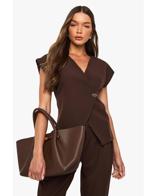 Boohoo Brown Button Wrap Top