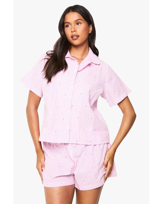 Boohoo Pink Seersucker Stripe Heart Print Short Sleeve Shirt & Shorts Pyjama Set