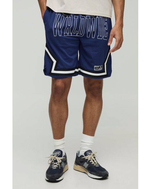 Boohoo Blue Worldwide Mid Length Mesh Basketball Shorts