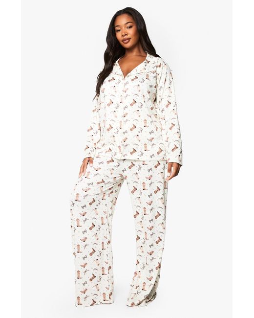 Boohoo White Plus Cowboy Print Shirt And Pj Trouser