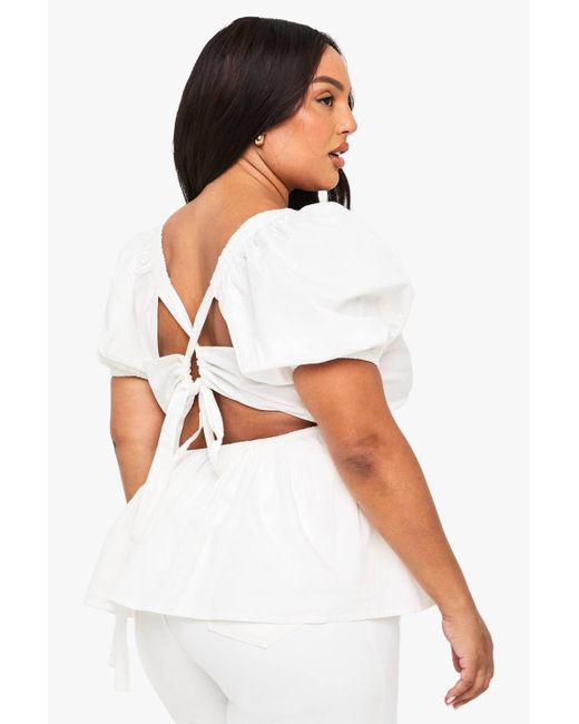 Boohoo White Plus Cotton Puff Sleeve Tie Back Smock Top