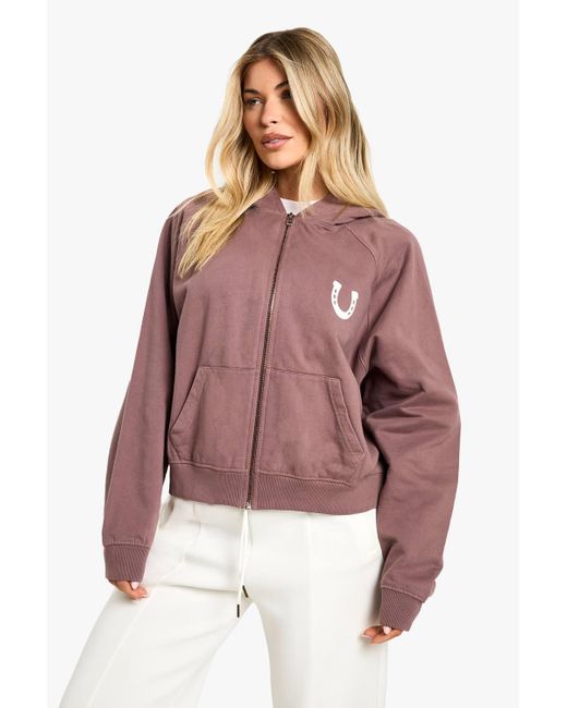 Boohoo Brown Texas Cowgirl Star Slogan Back Print Zip Through Boxy Crop Hoodie
