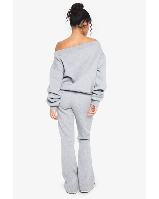 Boohoo Gray Off The Shoulder Sweatshirt And Flared Jogger Tracksuit