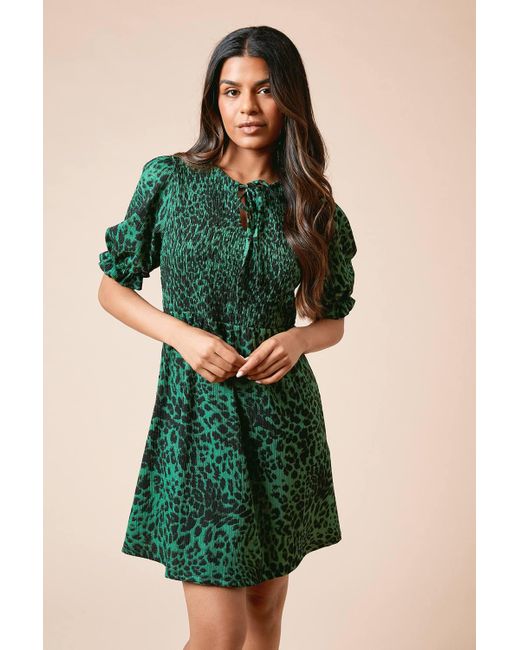 Dorothy Perkins Women's Green Petite Animal Shirred Front Jersey Mini Dress Dorothy Perkins Women's Green Petite Animal Shirred Front Jersey Mini Dress