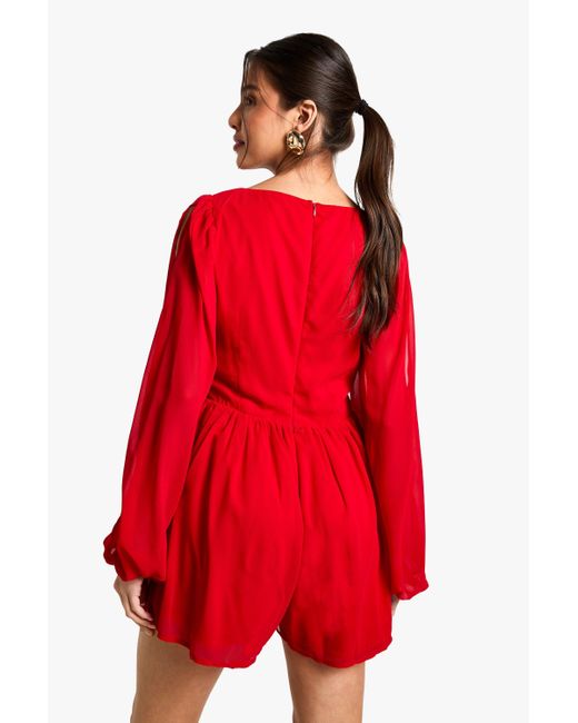 Boohoo Red Chiffon Split Sleeve Playsuit