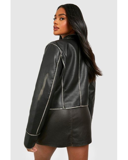 Boohoo Black Fitted Moto Vintage Look Faux Leather Jacket