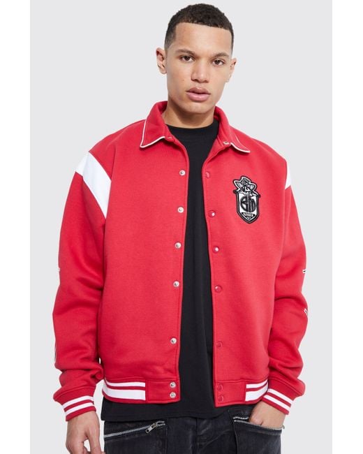 BoohooMAN Tall Boxy Fit Limited Edition Jersey Jacket in Red for Men | Lyst