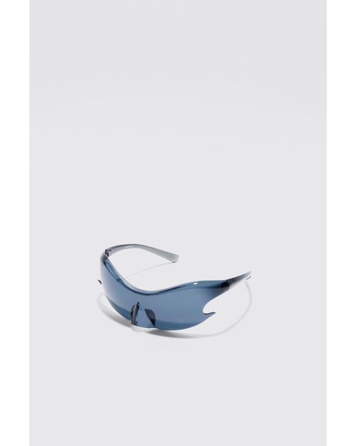 Boohoo Blue Shield Racer Mirror Lens Rimless Plastic Sunglasses