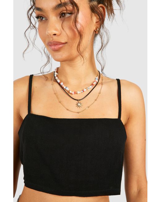 Boohoo White Bead & Rope Detail Sun Pendant Necklace