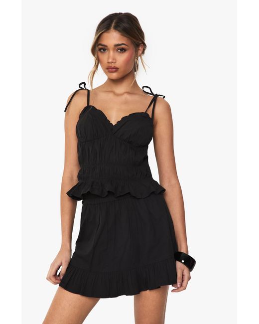 Boohoo Black Ruched Poplin Tie Strap Cami Top