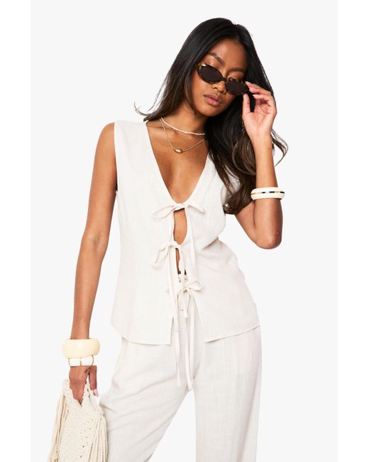 Boohoo White Linen Look Tie Front Waistcoat