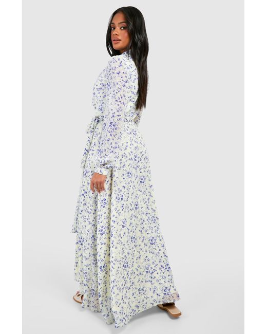 Boohoo Gray Floral Wrap Belted Maxi Dress