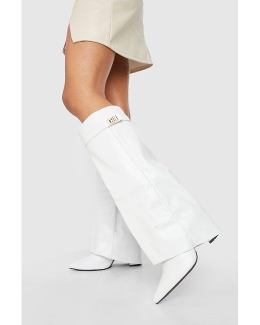 Boohoo White Fold Over Metal Detail Knee High Boots