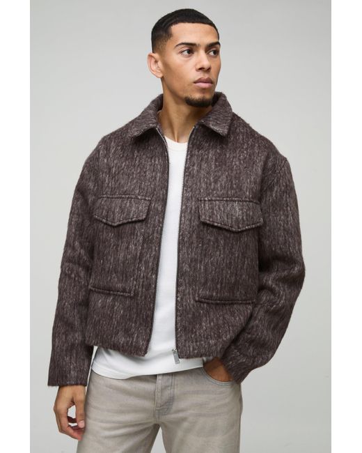 BoohooMAN Kastige Oversize Melton Harrington-Jacke mit Utility-Taschen in Brown für Herren