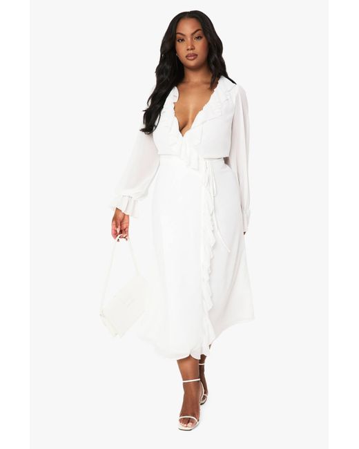 Boohoo Plus Chiffon Ruffle Wrap Dress in White | Lyst