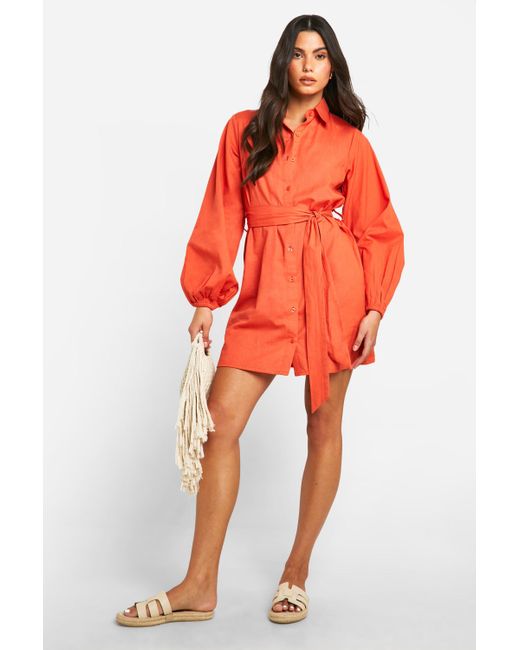 Linen Wrap Shirt Dress Boohoo de color Orange
