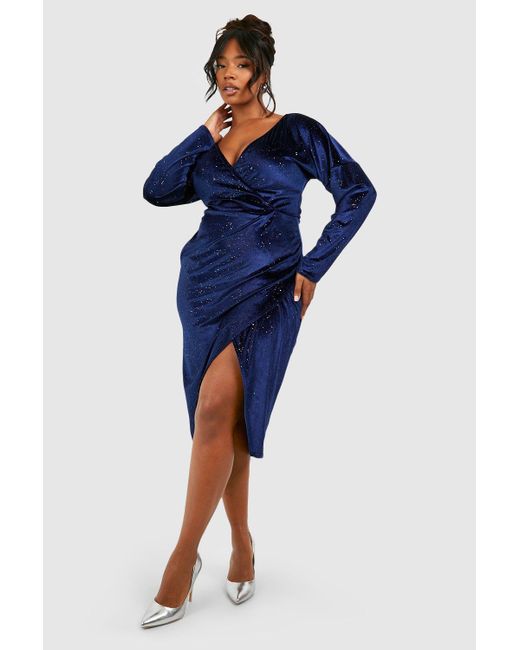 Boohoo Blue Plus Glitter Velvet Wrap Midi Dress