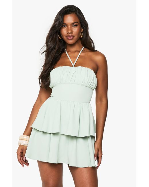 Boohoo White Halterneck Ruched Bust Skater Dress