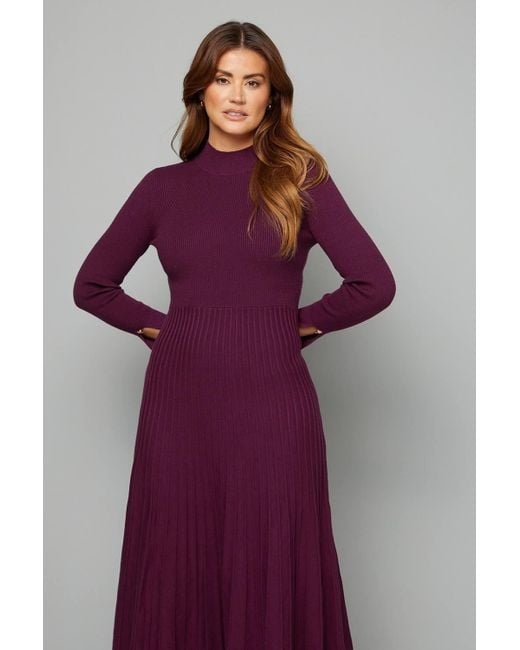 Wallis Purple Button Cuff Detail High Neck Pleated Knitted Midaxi Dress