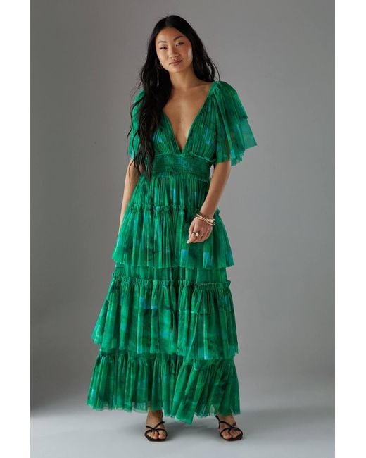 Warehouse Green Petite Tulle Floral Plunge Neck Flutter Sleeve Tier Maxi Dress