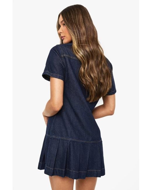 Boohoo Blue Pleated Denim Dress