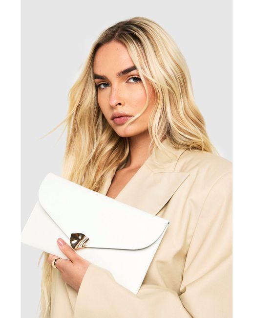 Boohoo White Abstract Hardware Detail Fold Over Clutch Bag