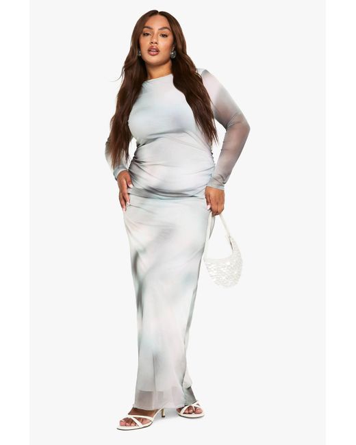 Boohoo Natural Plus Abstract Mesh Ruched Maxi Dress