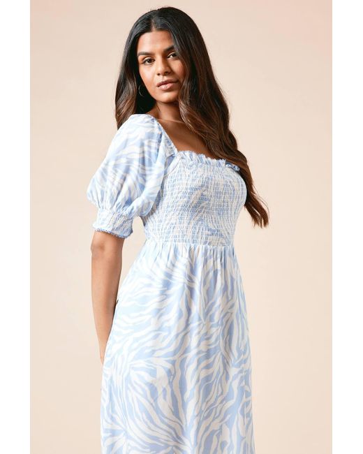 Dorothy Perkins Blue Petite Shirred Bodice Trim Detail Midaxi Dress