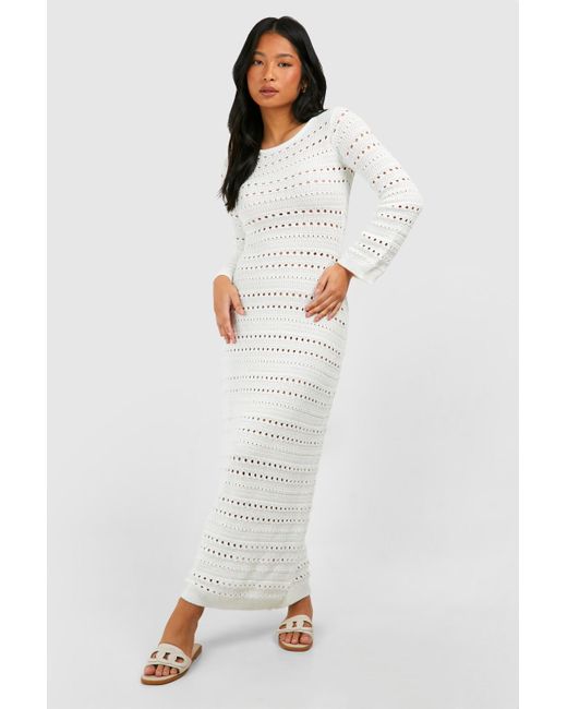 Boohoo White Petite Crochet Flare Sleeve Tie Back Knitted Maxi Dress