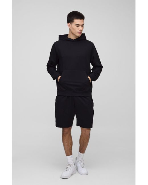 BoohooMAN Blue 260gsm Loopback Basic Regular Fit Over The Head Hoodie And Relaxed Jersey Short Set for men